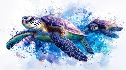 two sea turtles swimming in vibrant watercolor splash.