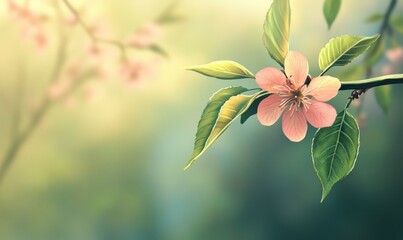 Cherry tree branch with pink flower and green leaf. Illustration for horizontal spring banner and design,