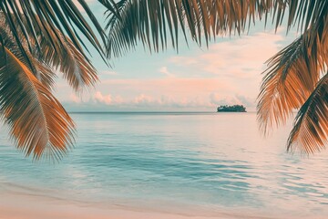 Wall Mural - idyllic tropical beach sunset scene framed by palm leaves.