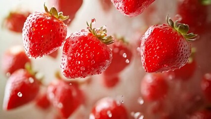 Poster - Fresh strawberries suspended mid-air with water droplets cascading around them, creating a vibrant and dynamic display, highlighting their juicy texture and natural freshness.
