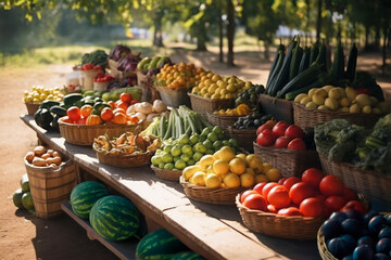 Farmers market with variety of fresh vegetables and fruits. Local producers marketplace. Ripe, juicy organic food. Outdoor grocery store