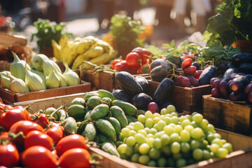 Farmers market with variety of fresh vegetables and fruits. Local producers marketplace. Ripe, juicy organic food. Outdoor grocery store