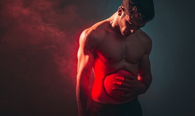 Poster - Muscular Man Gripping Stomach Pain Red Light Dramatic