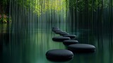Serene path of stepping stones across calm water in a bamboo forest.