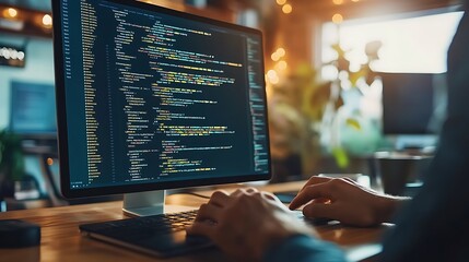Close-up of hands coding on computer.