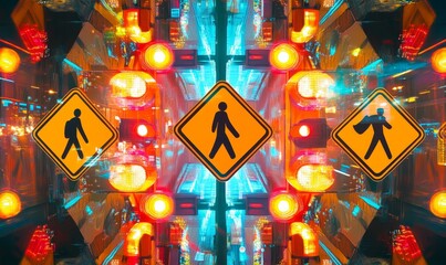 Wall Mural - Neon Cityscape Pedestrian Crossing Reflections