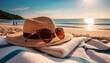 © theshooter - Una puesta de sol en el mar con una toalla, unas gafas de sol y un sombrero sobre la arena en primer plano