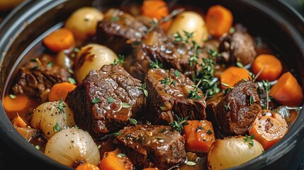 Poster - A slow-cooked beef stew in red wine with onions, garlic, carrots, and mushrooms.