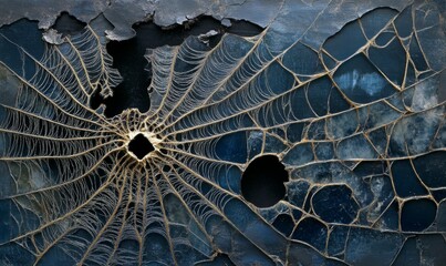 Broken glass showing intricate spiderweb pattern in detail