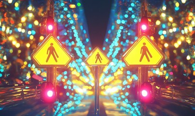 Wall Mural - Pedestrian Crossing Signals in Festive City Lights