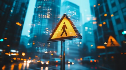 Wall Mural - Pedestrian Crossing Warning Sign Urban Night Cityscape