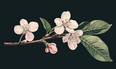 Cherry tree branch with pink flower and green leaf. Illustration for horizontal spring banner and design,