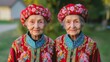 © Thavesak - Mirror Image Elegance: Hungarian Elderly Twins in Vibrant Folk Attire with Intricate Floral Embroidery