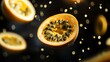 © NAIMAH - Halved passion fruit levitating against dark background with golden sparks.
