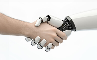 ai robot and human shaking hands. a handshake between a white robotic cyborg hand and a human hand, 