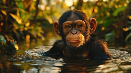 Poster - Young chimpanzee wading in shallow water, jungle background.