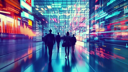 Business people silhouettes walking in city. Abstract background. technology concept. Network digital data future global communication virtual world skyscraper contemporary complexity development.