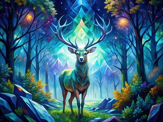 surreal night forest deer: unrealistic colors & shapes