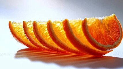 Aufkleber - Vibrant slices of orange are displayed in a captivating line, showcasing their juicy texture and radiant color. The sunlight highlights the freshness, creating beautiful shadows on the surface below.