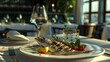 © decorator - Elegant dining experience with grilled seabass in a luxurious restaurant bathed in evening light