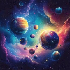 Fototapete - A stunning vector background of the universe featuring vibrant planets, stars, and cosmic details, perfect for creative designs.

