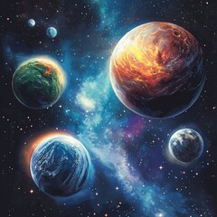 Fototapete - A stunning vector background of the universe featuring vibrant planets, stars, and cosmic details, perfect for creative designs.


