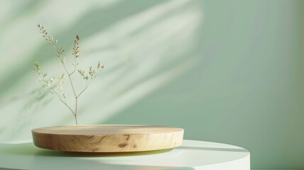 Wall Mural - Circular wooden podium with natural grain, complemented by a delicate branch and soft green shadows. Perfect for organic-themed product displays