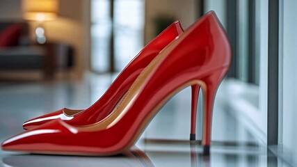 Aufkleber - Red high heels are showcased elegantly on a shiny tiled floor inside a contemporary shopping space.
