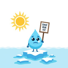 A cartoon water droplet stands on melting ice holding a sign under a yellow sun