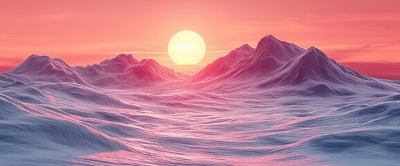 Canvas Print - Pink sunset over snow-covered mountains.