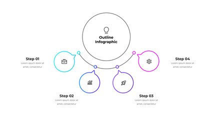 Poster - Line organization chart with four options, steps or processes. Center circle with 4 small circles presentation for business data analytics visualization. Outline diagram