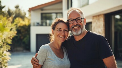 Happy smiling young family couple new property buyers modern dream luxury villa owners standing outside house, affectionate middle aged man and woman in love hugging outdoor. New Real estate concept