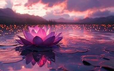 Canvas Print - Serene pink lotus flower on calm lake at sunset, surrounded by floating lights and mountains.