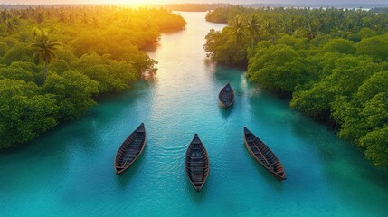 Wall Mural - Aerial view of boats on tranquil turquoise river surrounded by lush green mangrove forest at sunset.