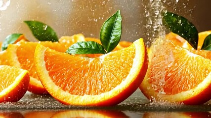 Aufkleber - Juicy orange slices are dramatically sprayed with water, showcasing their vibrant color and fresh appeal. This visually striking moment captures the essence of freshness and vitality.
