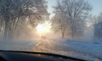 Canvas Print - Winter Wonderland Drive Snowy Road Sunset Scene