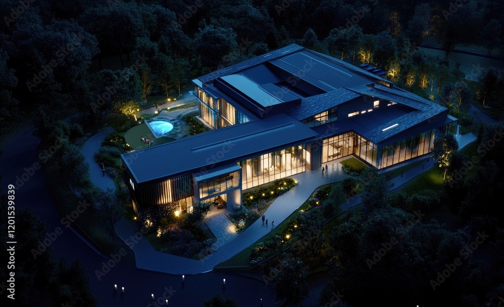 Modern villa exterior design, a bird's-eye view of the house at night ...