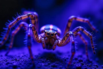 close-up of a glowing spider under ultraviolet light, showcasing intricate details of web and eyes, 