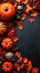 Wall Mural - Autumn Halloween still life with pumpkins, skulls, and fall leaves on dark background.