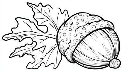 Wall Mural - line art illustration of autumn acorn with leaf for coloring book page, tattoo design, or logo