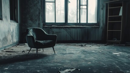 Poster - Abandoned Room with Vintage Chair and Window View