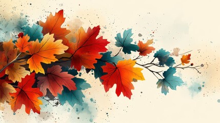 Wall Mural - Autumn leaves branch watercolor painting.