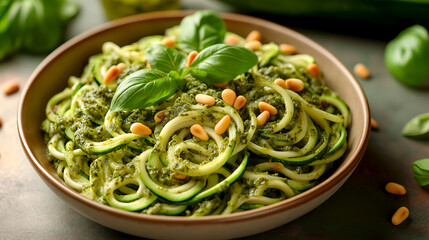 Bowl of zucchini spaghetti topped with pesto sauce and sprinkled with pine nuts, garnished with fresh basil, close up, good for food blog, culinary app, web site, food delivery promos. Vegetable dish