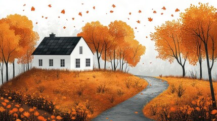 Wall Mural - Autumnal cottage on a hill with winding road, surrounded by orange trees and falling leaves.