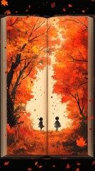 Wall Mural - Autumnal forest path depicted within an open book, two children stand in the middle.