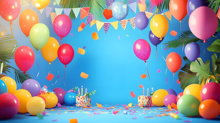 Wall Mural - Birthday background theme bright colors with floating balloons, colorful abstract holiday, birthday cards, and invitation designs in a festive celebration theme