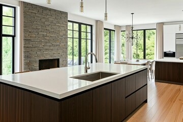 Wall Mural - Modern kitchen interior with stone wall, island, and hardwood floors.