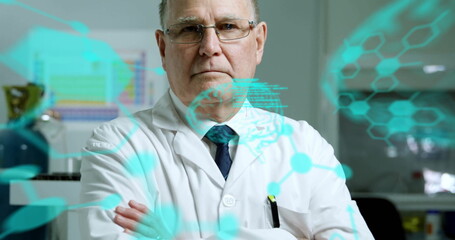 Canvas Print - image of scientific data processing over caucasian male scientist in laboratory