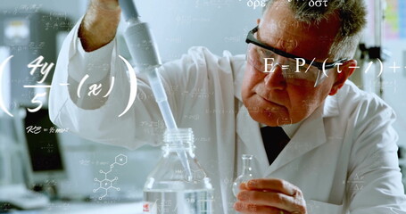 Canvas Print - image of scientific data processing over caucasian male scientist in laboratory