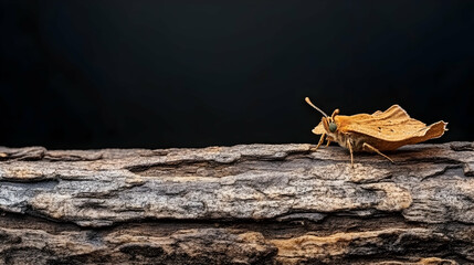 Wall Mural - Orange butterfly perched on wood, dark background, nature macro photography, suitable for nature websites or educational materials